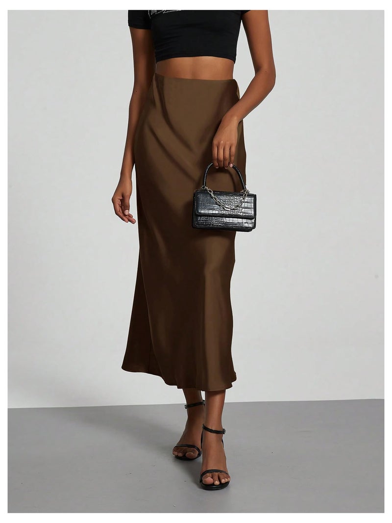 SHENHE Women's Satin Maxi Skirts High Waisted A Line Long Skirts Elegant Office Skirts Coffee Brown Small - Image 5