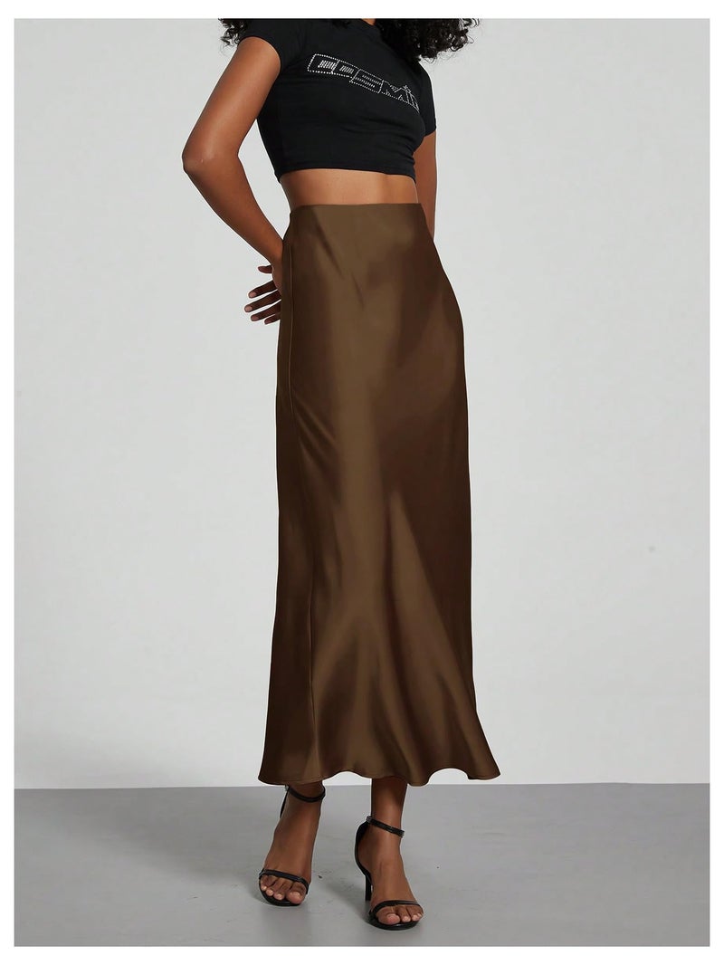 SHENHE Women's Satin Maxi Skirts High Waisted A Line Long Skirts Elegant Office Skirts Coffee Brown Small - Image 4