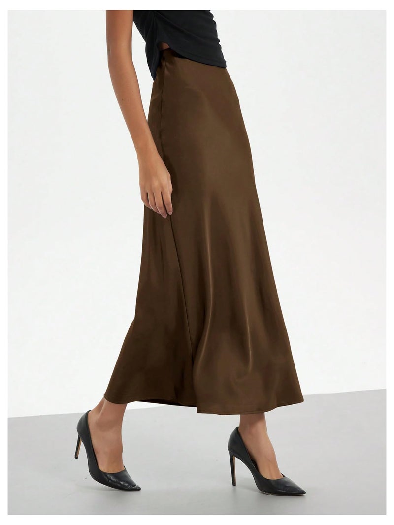 SHENHE Women's Satin Maxi Skirts High Waisted A Line Long Skirts Elegant Office Skirts Coffee Brown Small - Image 2