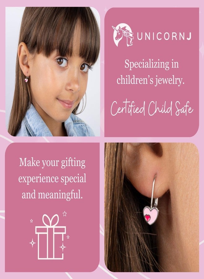 UNICORNJ Sterling Silver 925 Heart Earrings Leverback for Girls with Dark Pink Enamel Color Heart in Heart - Image 3