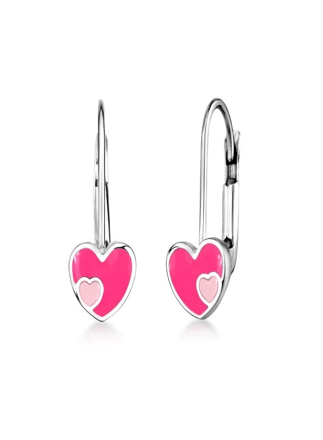 UNICORNJ Sterling Silver 925 Heart Earrings Leverback for Girls with Dark Pink Enamel Color Heart in Heart - Image 1
