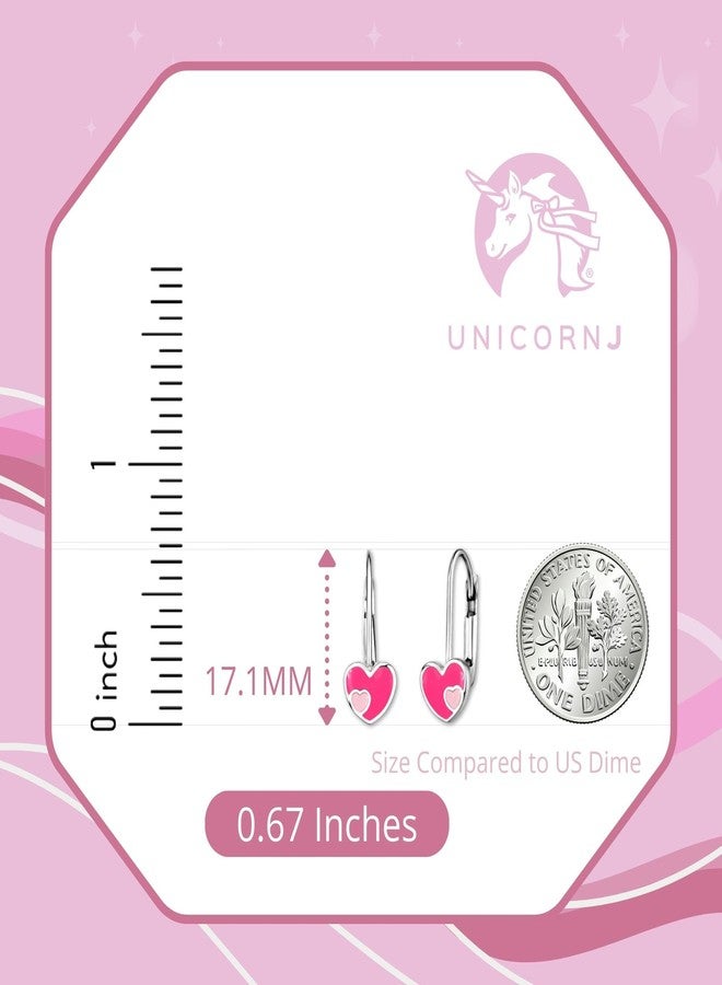 UNICORNJ Sterling Silver 925 Heart Earrings Leverback for Girls with Dark Pink Enamel Color Heart in Heart - Image 5