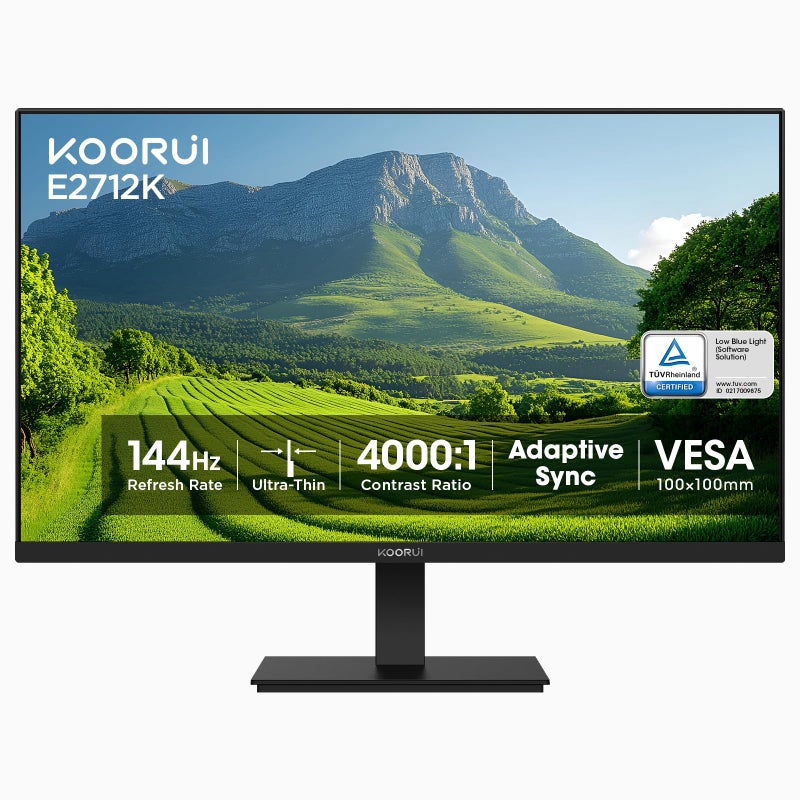 KOORUI شاشة مكتب للألعاب KOORUI مقاس 27 بوصة، 144 هرتز، عرض VA، نسبة تباين 4000:1، FreeSync، FHD 1080P، معتمدة من TÃœV Rheinland، حواف رفيعة، منافذ HDMI وVGA، ميل مريح، تركيب VESA، باللون الأسود - Image 1