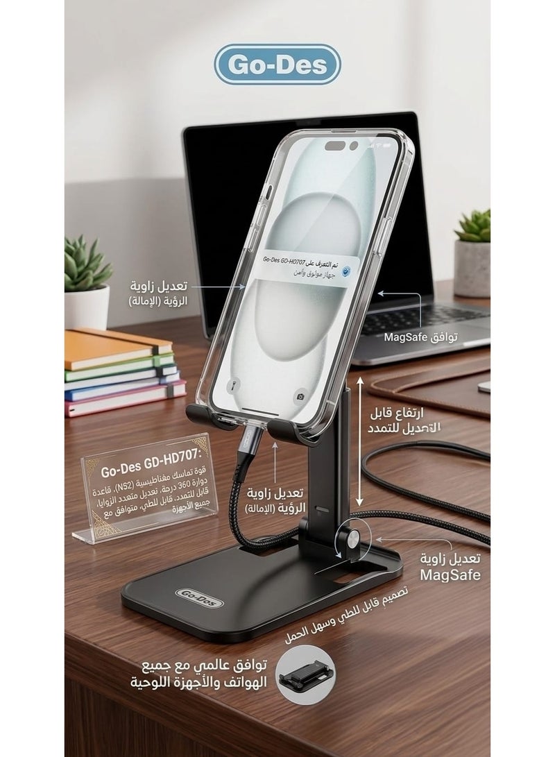 GO-DES Foldable Desktop Lazy Phone Holder, Telescopic Smart Phone Stand with Adjustable Height, Lazy Mobile Phone Stand for Office and Home, Desktop Tablet Holder, Tablet Stand, iPad Stand Holder, Stand for iPad, Tablet and iPad Mount, Smartphone and Tablet Base, Lazy Phone Mount with Multi-Angle Viewing, Extendable and Adjustable Phone Support, Lazy Mobile Holder Supporting Charging While in Use, Portable Phone Base for Travel and Trips, Desktop Stand for Study and Remote Work, Anti-Slip Phone Holder with Rubber Pads, Stable and Anti-Shake Phone Mounting Base, Black Phone Holder with Modern and Sleek Design, Phone Stand Compatible with All Smartphones, Lazy Phone Stand for Watching Movies and Videos, Desktop Holder for Live Streaming and Video Meetings, Lightweight and Easy to Carry Phone Base, Lazy Smartphone Holder with Dedicated Charging Port, Fully Foldable Mobile Stand for Easy Storage, Durable and Practical Desktop Phone Base, Lazy Smart Device Holder with Adjustable Tilt Angle -Black - Image 3