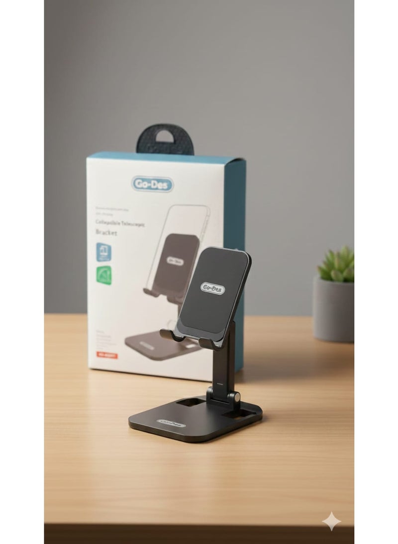 GO-DES Foldable Desktop Lazy Phone Holder, Telescopic Smart Phone Stand with Adjustable Height, Lazy Mobile Phone Stand for Office and Home, Desktop Tablet Holder, Tablet Stand, iPad Stand Holder, Stand for iPad, Tablet and iPad Mount, Smartphone and Tablet Base, Lazy Phone Mount with Multi-Angle Viewing, Extendable and Adjustable Phone Support, Lazy Mobile Holder Supporting Charging While in Use, Portable Phone Base for Travel and Trips, Desktop Stand for Study and Remote Work, Anti-Slip Phone Holder with Rubber Pads, Stable and Anti-Shake Phone Mounting Base, Black Phone Holder with Modern and Sleek Design, Phone Stand Compatible with All Smartphones, Lazy Phone Stand for Watching Movies and Videos, Desktop Holder for Live Streaming and Video Meetings, Lightweight and Easy to Carry Phone Base, Lazy Smartphone Holder with Dedicated Charging Port, Fully Foldable Mobile Stand for Easy Storage, Durable and Practical Desktop Phone Base, Lazy Smart Device Holder with Adjustable Tilt Angle -Black - Image 4