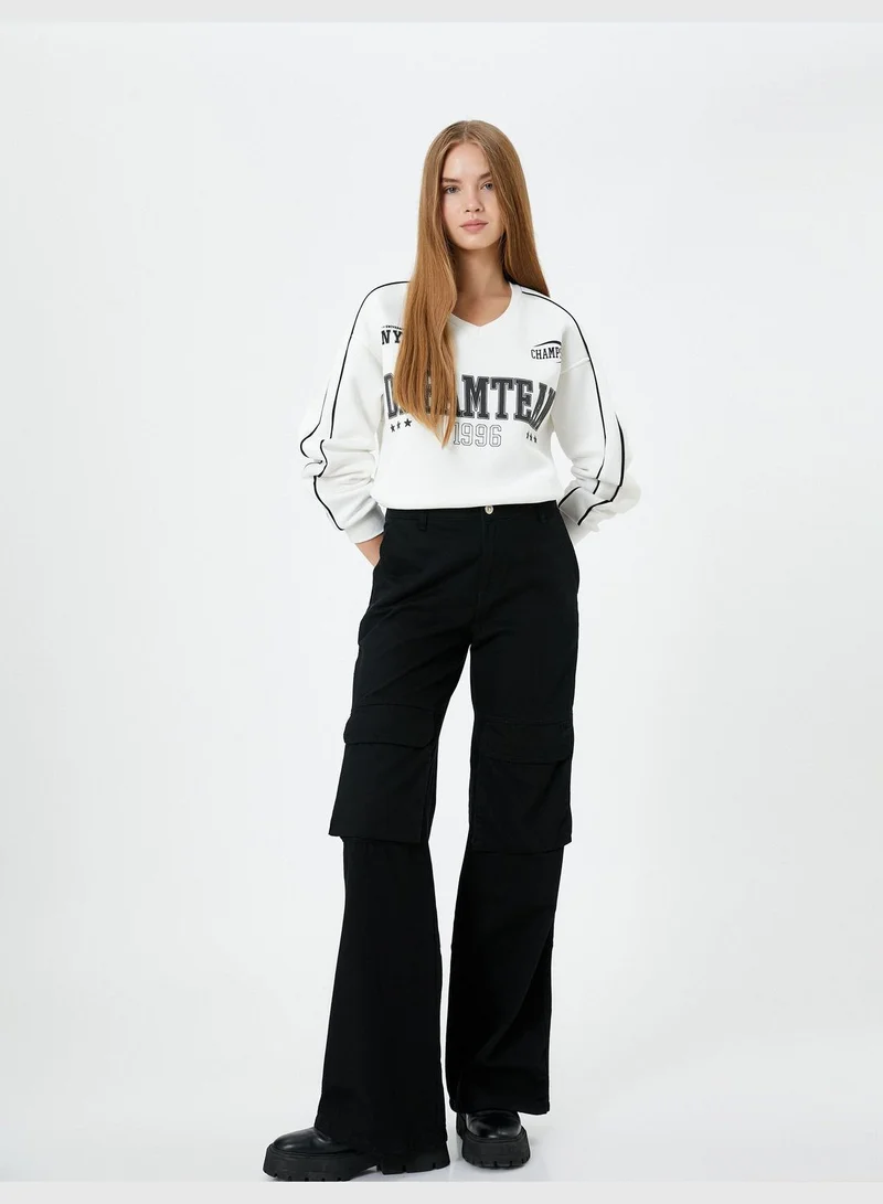 كوتون V Neck Varsity Sweatshirt Printed Long Sleeve
