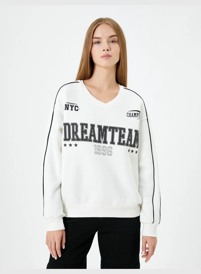 KOTON V Neck Varsity Sweatshirt Printed Long Sleeve