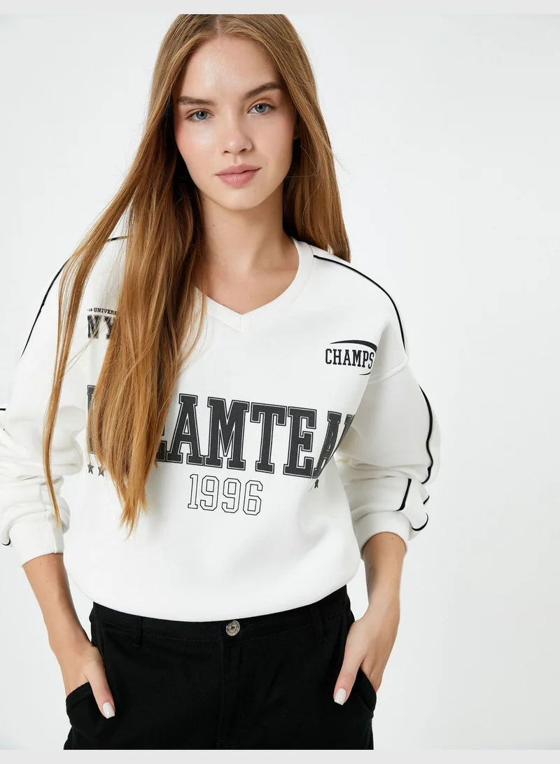 كوتون V Neck Varsity Sweatshirt Printed Long Sleeve