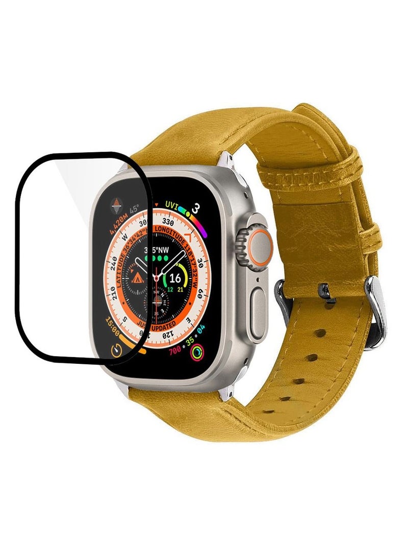 CATANES 2 Packs For Apple Watch Band 49mm Leather Band Buckle Strap Wristband and 3D Screen Protector Mustard Brown  - Image 3