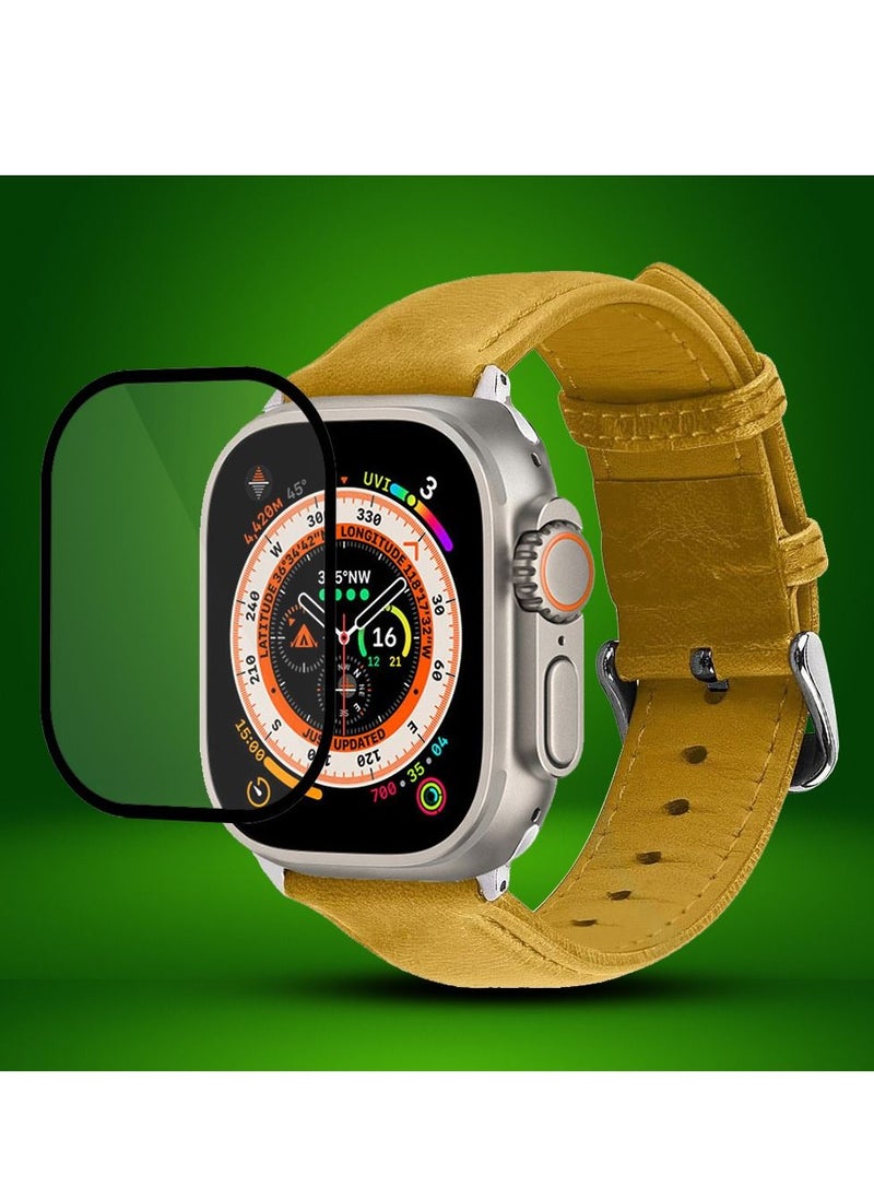 CATANES 2 Packs For Apple Watch Band 49mm Leather Band Buckle Strap Wristband and 3D Screen Protector Mustard Brown  - Image 2