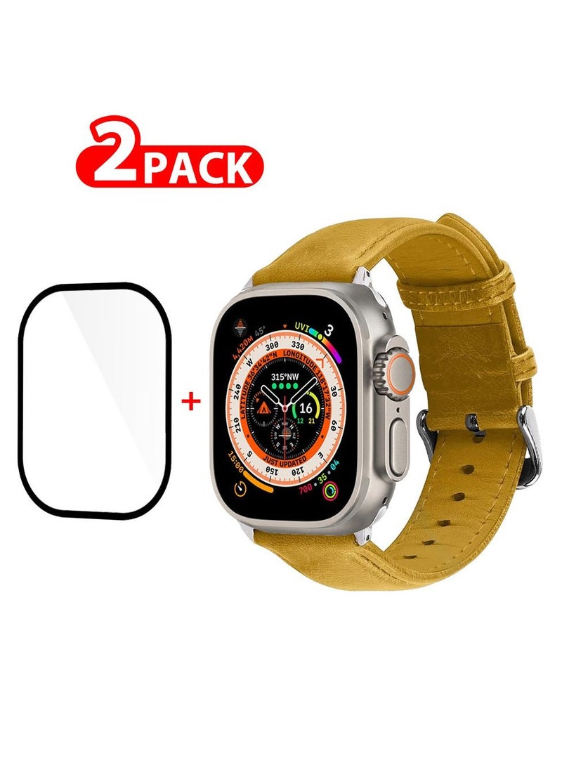 CATANES 2 Packs For Apple Watch Band 49mm Leather Band Buckle Strap Wristband and 3D Screen Protector Mustard Brown  - Image 1