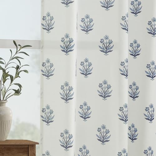 Lino Rosa Blue and White Floral Curtains,Boho Pattern Navy Block Print Mughal Design Sheer Linen Farmhouse Nautical Curtains for Living Room Bedroom 84 Inch Length - Image 3
