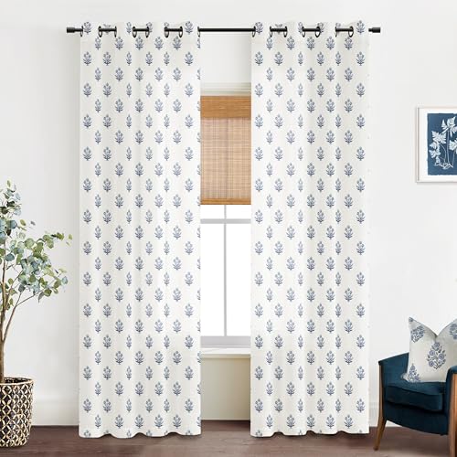 Lino Rosa Blue and White Floral Curtains,Boho Pattern Navy Block Print Mughal Design Sheer Linen Farmhouse Nautical Curtains for Living Room Bedroom 84 Inch Length - Image 1