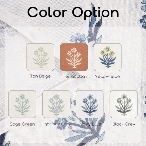 Lino Rosa Blue and White Floral Curtains,Boho Pattern Navy Block Print Mughal Design Sheer Linen Farmhouse Nautical Curtains for Living Room Bedroom 84 Inch Length - Image 4
