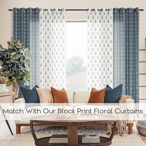 Lino Rosa Blue and White Floral Curtains,Boho Pattern Navy Block Print Mughal Design Sheer Linen Farmhouse Nautical Curtains for Living Room Bedroom 84 Inch Length - Image 2