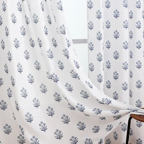 Lino Rosa Blue and White Floral Curtains,Boho Pattern Navy Block Print Mughal Design Sheer Linen Farmhouse Nautical Curtains for Living Room Bedroom 84 Inch Length - Image 5