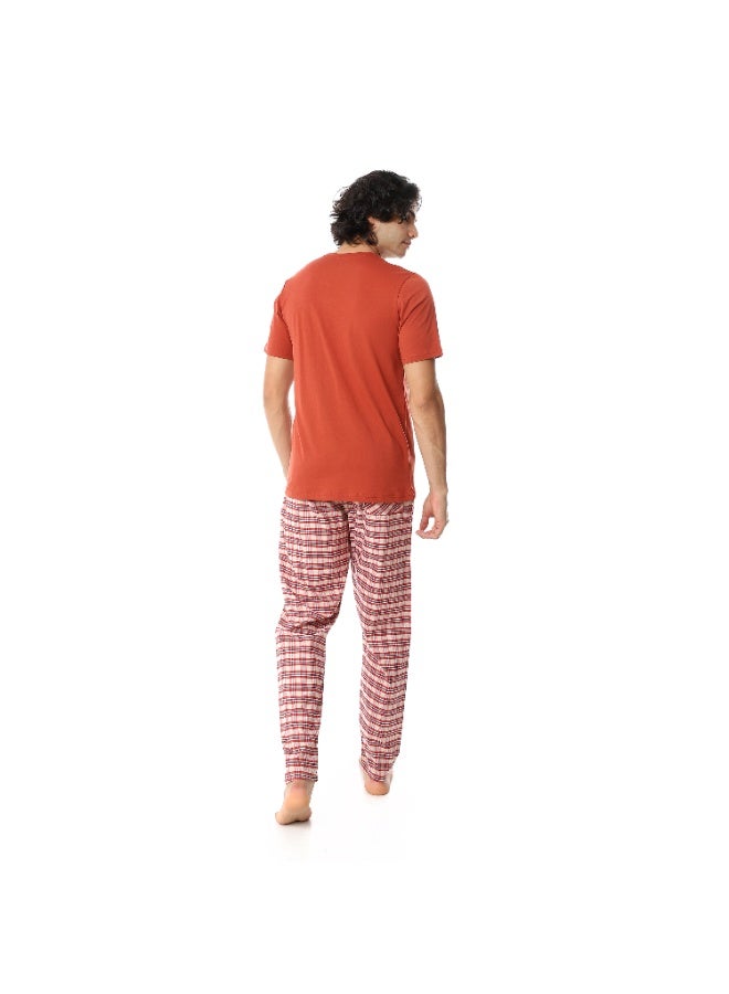 REDCOTTON Men's Cotton Pajama Set – Orange Round neck T-Shirt & Red Checkered Pants - Image 3