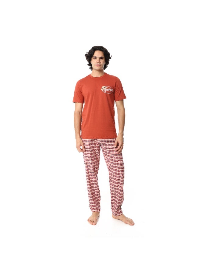 REDCOTTON Men's Cotton Pajama Set – Orange Round neck T-Shirt & Red Checkered Pants - Image 1