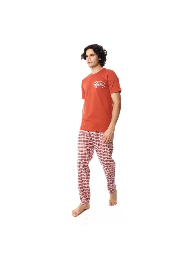 REDCOTTON Men's Cotton Pajama Set – Orange Round neck T-Shirt & Red Checkered Pants - Image 2