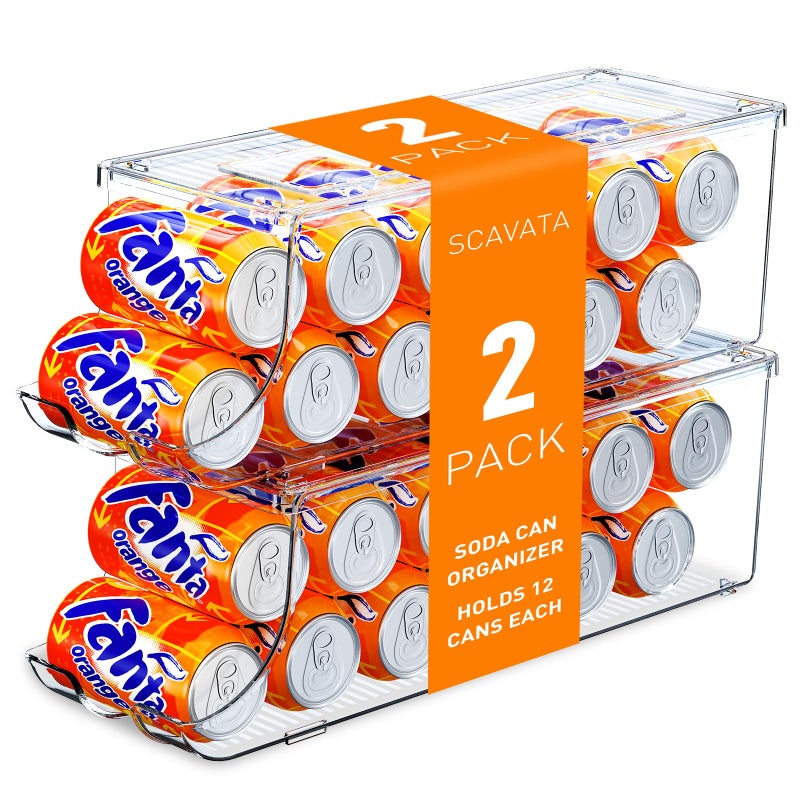 SCAVATA 2 Pack Soda Can Organizer for Refrigerator, Stackable Canned Food Pop Cans Container Can Holder Dispenser with Lid for Fridge Rack Freezer, Clear Storage Bins-Holds 12 Cans Each (Clear) - Image 1