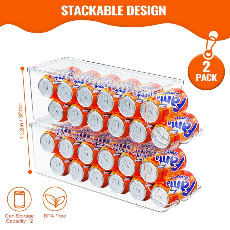 SCAVATA 2 Pack Soda Can Organizer for Refrigerator, Stackable Canned Food Pop Cans Container Can Holder Dispenser with Lid for Fridge Rack Freezer, Clear Storage Bins-Holds 12 Cans Each (Clear) - Image 2