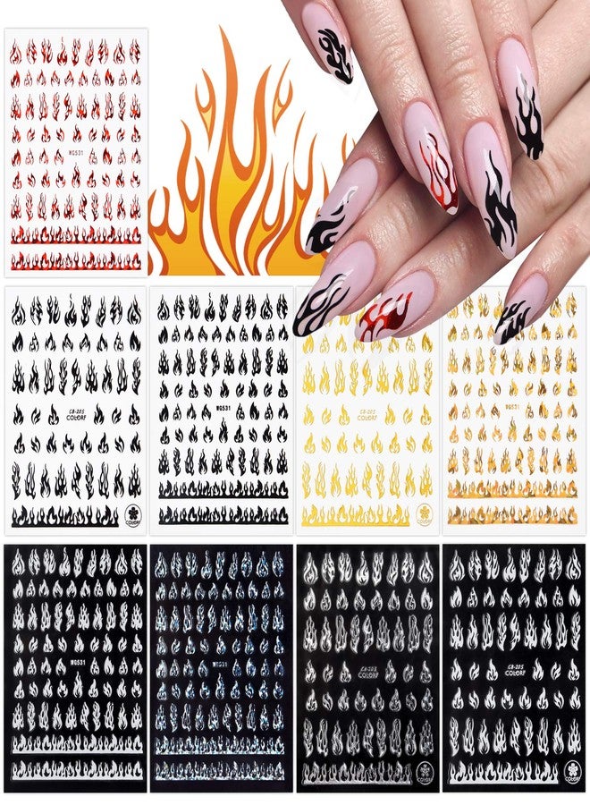 TOROKOM 9 Sheets Flame Nail Stickers Decals, TOROKOM 3D Holographic Self-Adhesive Fire Nail Decals White Black Silver Gold Red Flame Nail Art Stickers Nail Art Supplies for Nail Decor - Image 1