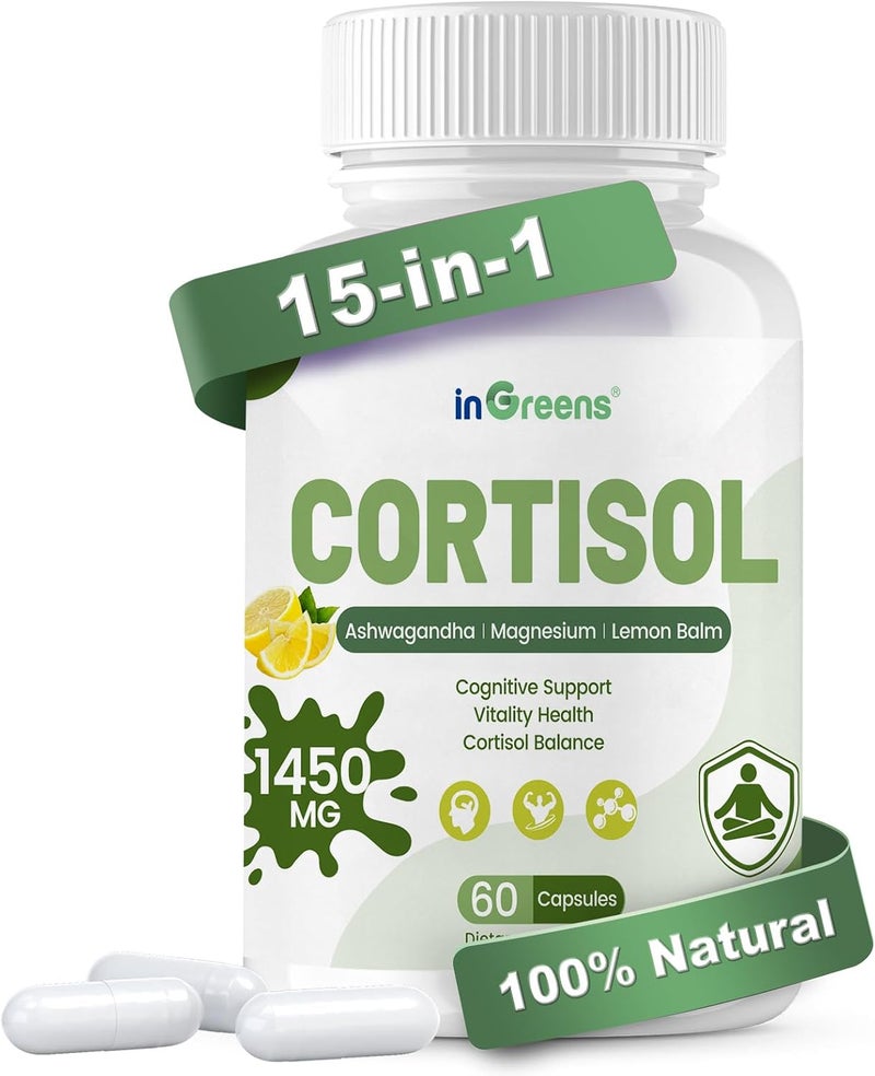 inGreens Cortisol Supplement 15 in 1 Cortisol Manager with Ashwagandha LTheanine MagnesiumSupports Cortisol Health  RelaxationStress Management  Restful Sleep 60 Capsules - Image 1