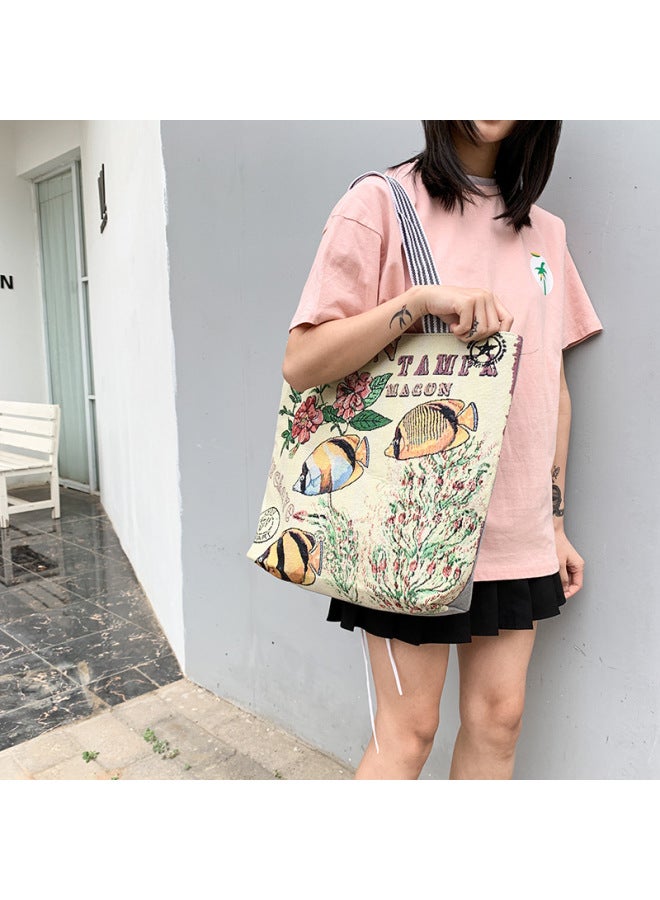 Matai Style Special Embroidered Fashion Women's Bag Ethnic Style Canvas Bag Shoulder Bag Large Capacity Handbag-Color:Three Fish - Image 1
