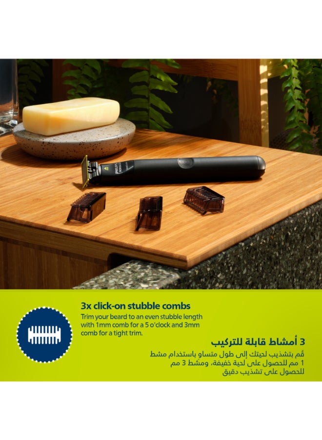 Philips OneBlade QP1424/10,Trim, Edge & Shave Any Length,2 Stubble Combs, Dual-Sided Blade,Wet & Dry Use, 30min Cordless QP1424/10Black/Lime 0.15grams - Image 3