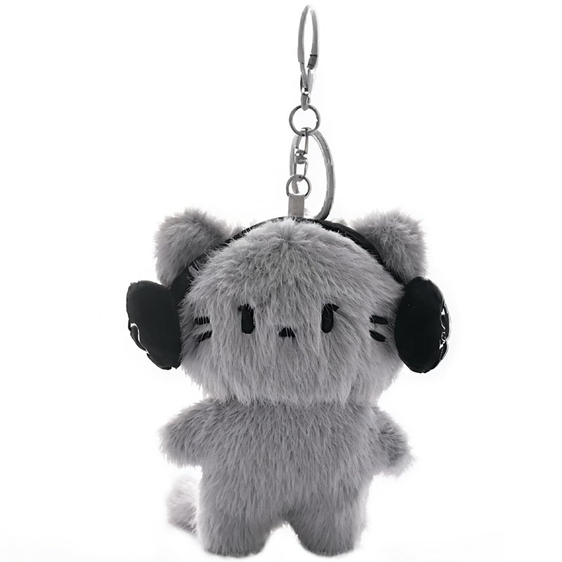 Roioiow Headphones Cat Keychain - Plush Kitten Animal Cartoon Purse Charms, Handbag Key Chains Gift, Hanging Keyring (Grey) - Image 1