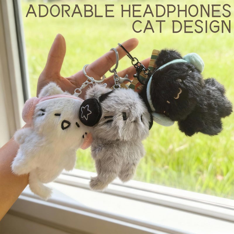 Roioiow Headphones Cat Keychain - Plush Kitten Animal Cartoon Purse Charms, Handbag Key Chains Gift, Hanging Keyring (Grey) - Image 4