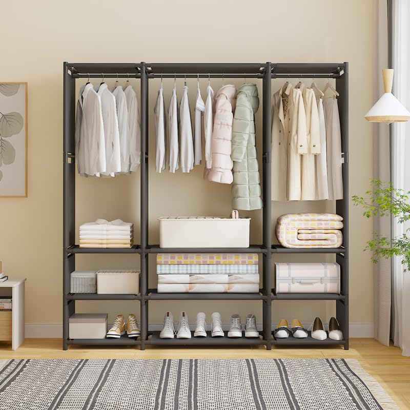 DWELLIT DWELLIT SpaceSaving Wardrobe Organizer with Hanging Space Storage Shelves multipurpose coat rack perfect for any kind of room Black 16mm baked paint tube frame with fabric 3 Section - Image 2