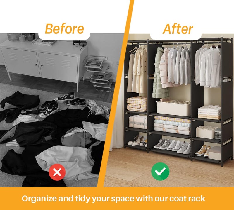 DWELLIT DWELLIT SpaceSaving Wardrobe Organizer with Hanging Space Storage Shelves multipurpose coat rack perfect for any kind of room Black 16mm baked paint tube frame with fabric 3 Section - Image 4