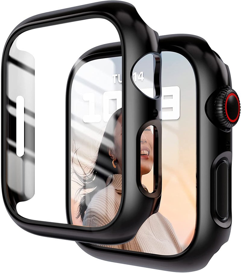 YMHML Apple Watch SE Series 6/5/4 2-Pack Hard PC Full Cover Tempered Glass Case with Screen Protector, Black - Image 3