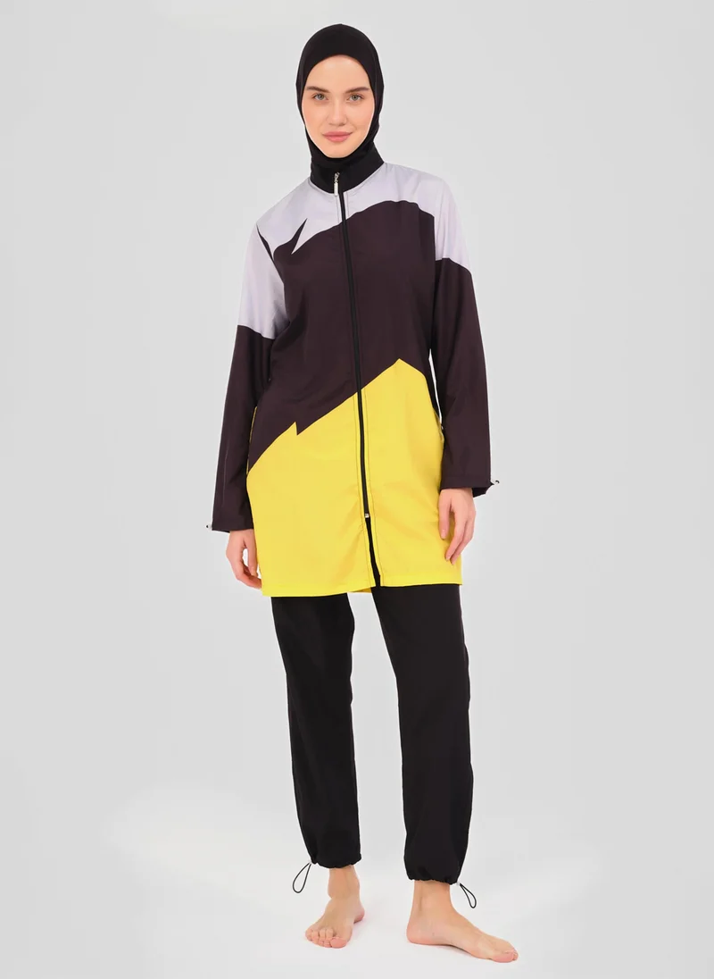 Alfasa by Modanisa Black - Multi - Fully Lined - Full Coverage Swimsuit Burkini - Alfasa