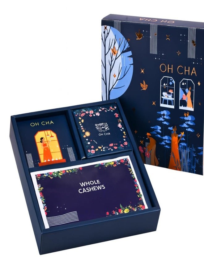 OH CHA - Glimpses Tea Gift Set with Dry Fruits | 5 Kashmiri Kahwa Tea Bags, 4 TeaLight Candles, 25 Grams Whole Cashews, 25 Grams Almonds | Complete Tea & Dry Fruits Gift Box | Festive Celebrations Box | Gift Box for Bulk Gifting, Coporates, Festivals - Image 1