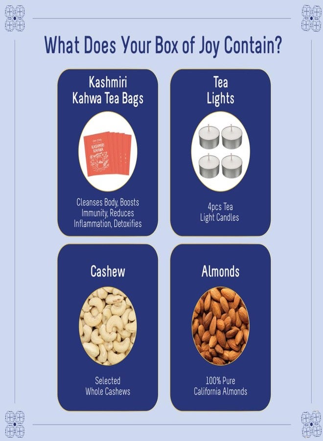 OH CHA - Glimpses Tea Gift Set with Dry Fruits | 5 Kashmiri Kahwa Tea Bags, 4 TeaLight Candles, 25 Grams Whole Cashews, 25 Grams Almonds | Complete Tea & Dry Fruits Gift Box | Festive Celebrations Box | Gift Box for Bulk Gifting, Coporates, Festivals - Image 2