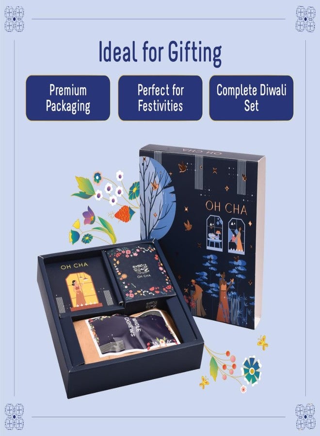 OH CHA - Glimpses Tea Gift Set with Dry Fruits | 5 Kashmiri Kahwa Tea Bags, 4 TeaLight Candles, 25 Grams Whole Cashews, 25 Grams Almonds | Complete Tea & Dry Fruits Gift Box | Festive Celebrations Box | Gift Box for Bulk Gifting, Coporates, Festivals - Image 3