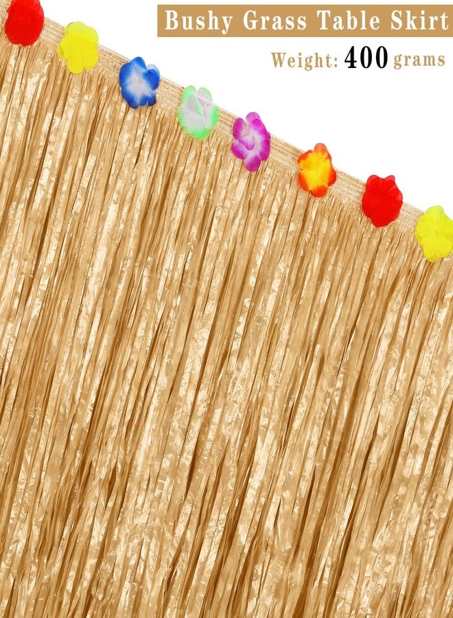Aodaer 2 Pack Thickened Grass Table Skirt Natural with Hibiscus Flowers 400g Hawaiian Luau Tropical Party Decor Fringe Party Decoration for Costume Tiki Tropical Hawaii Moana Birthday, Straw Yellow - Image 3