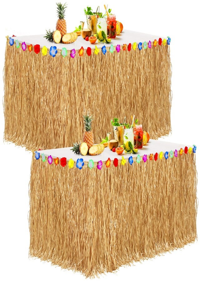 Aodaer 2 Pack Thickened Grass Table Skirt Natural with Hibiscus Flowers 400g Hawaiian Luau Tropical Party Decor Fringe Party Decoration for Costume Tiki Tropical Hawaii Moana Birthday, Straw Yellow - Image 1