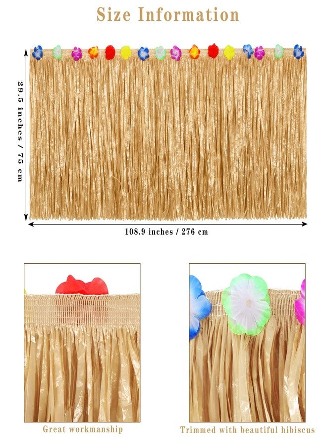 Aodaer 2 Pack Thickened Grass Table Skirt Natural with Hibiscus Flowers 400g Hawaiian Luau Tropical Party Decor Fringe Party Decoration for Costume Tiki Tropical Hawaii Moana Birthday, Straw Yellow - Image 2