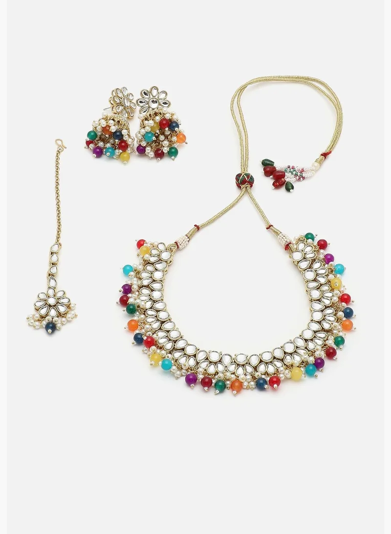 SOHI Gold Plated Kundan Beads Necklace, Earrings and Maang Tikka Set