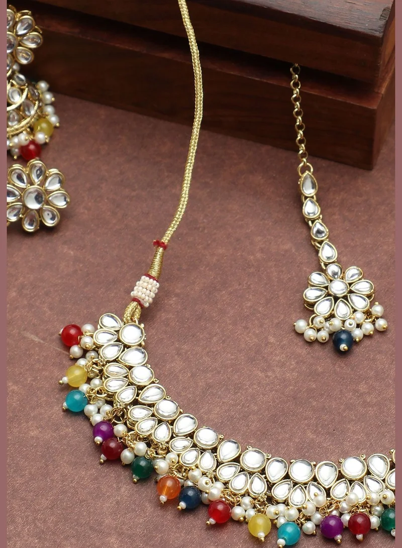 SOHI Gold Plated Kundan Beads Necklace, Earrings and Maang Tikka Set