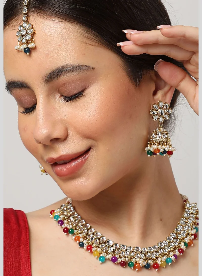 SOHI Gold Plated Kundan Beads Necklace, Earrings and Maang Tikka Set