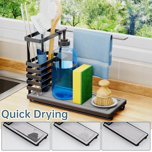NiHome Multifunctional Kitchen Sink Caddy Organizer with Elevated Brush Holder QuickDrying Diatomaceous Earth Base SpaceSaving Storage for Detergent Bottles Sponges Small Accessories - Image 3
