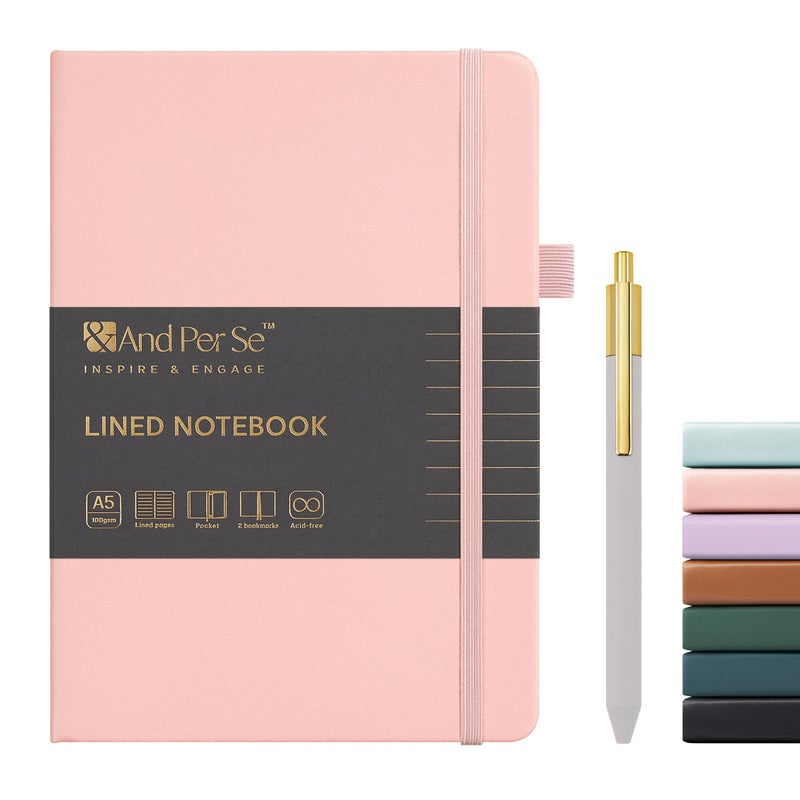 &And Per Se ⩓ Per Se Lined Journal and Pen Set, A5 Leather Hardcover Notebook with Pen & Stationary Set, 160 Pages 100GSM Thick Ruled Paper Journal for Business Work Writing (Pink) - Image 1