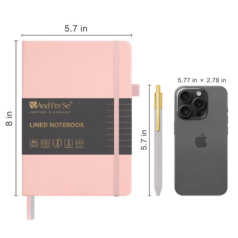 &And Per Se ⩓ Per Se Lined Journal and Pen Set, A5 Leather Hardcover Notebook with Pen & Stationary Set, 160 Pages 100GSM Thick Ruled Paper Journal for Business Work Writing (Pink) - Image 2