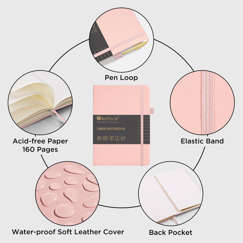 &And Per Se ⩓ Per Se Lined Journal and Pen Set, A5 Leather Hardcover Notebook with Pen & Stationary Set, 160 Pages 100GSM Thick Ruled Paper Journal for Business Work Writing (Pink) - Image 3