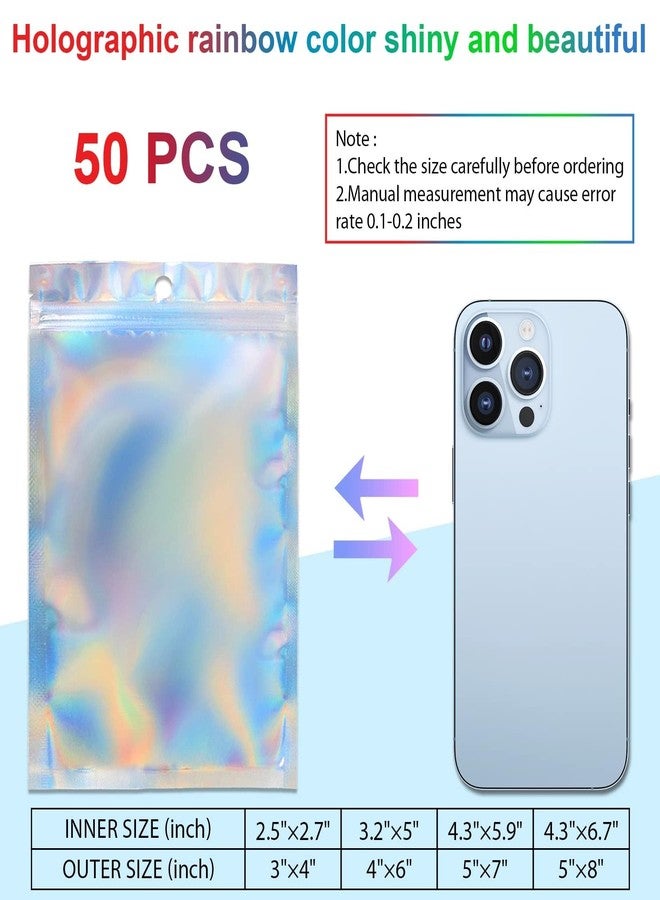 ANZNKU 50 Pack Holographic Bags, 5" x 7" Resealable Small Baggies, Foil Pouch Rainbow Color Packaging Bags for Small Business, Plastic Zipper Bag for Food Storage Candy & Jewelry Packaging - Image 2