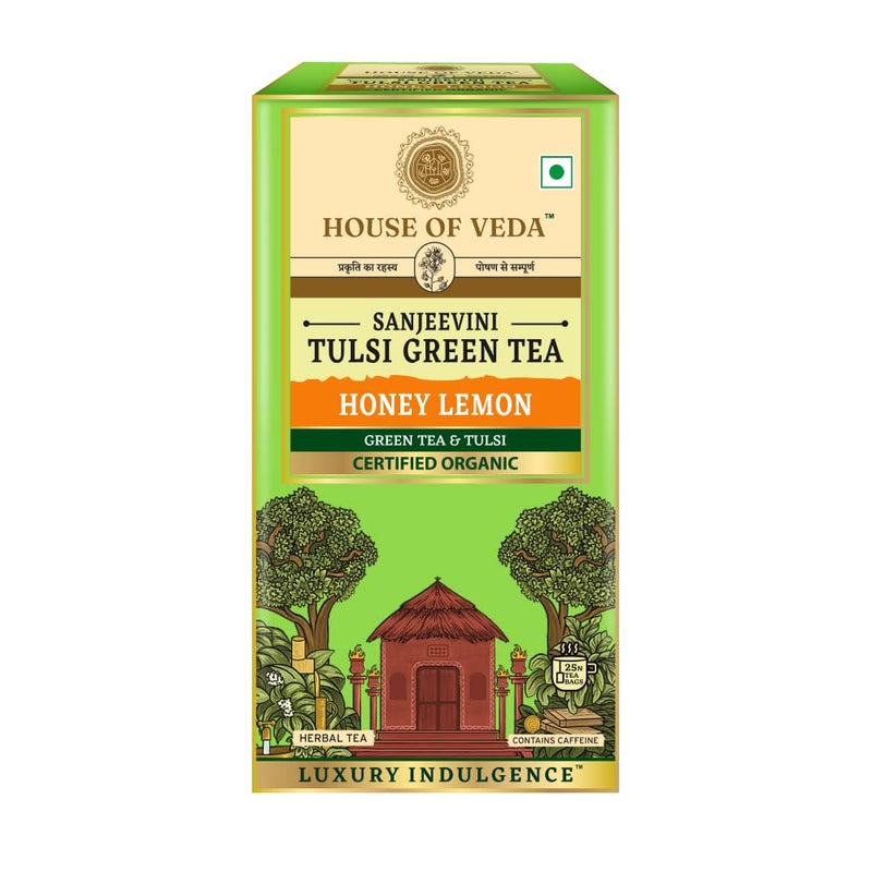 HOUSE OF VEDA شاي فيدا تولسي الأخضر بالعسل والليمون - 25 كيس شاي - مهدئ للتوتر، غني بمضادات الأكسدة، عضوي معتمد، يساعد في الهضم - Image 1